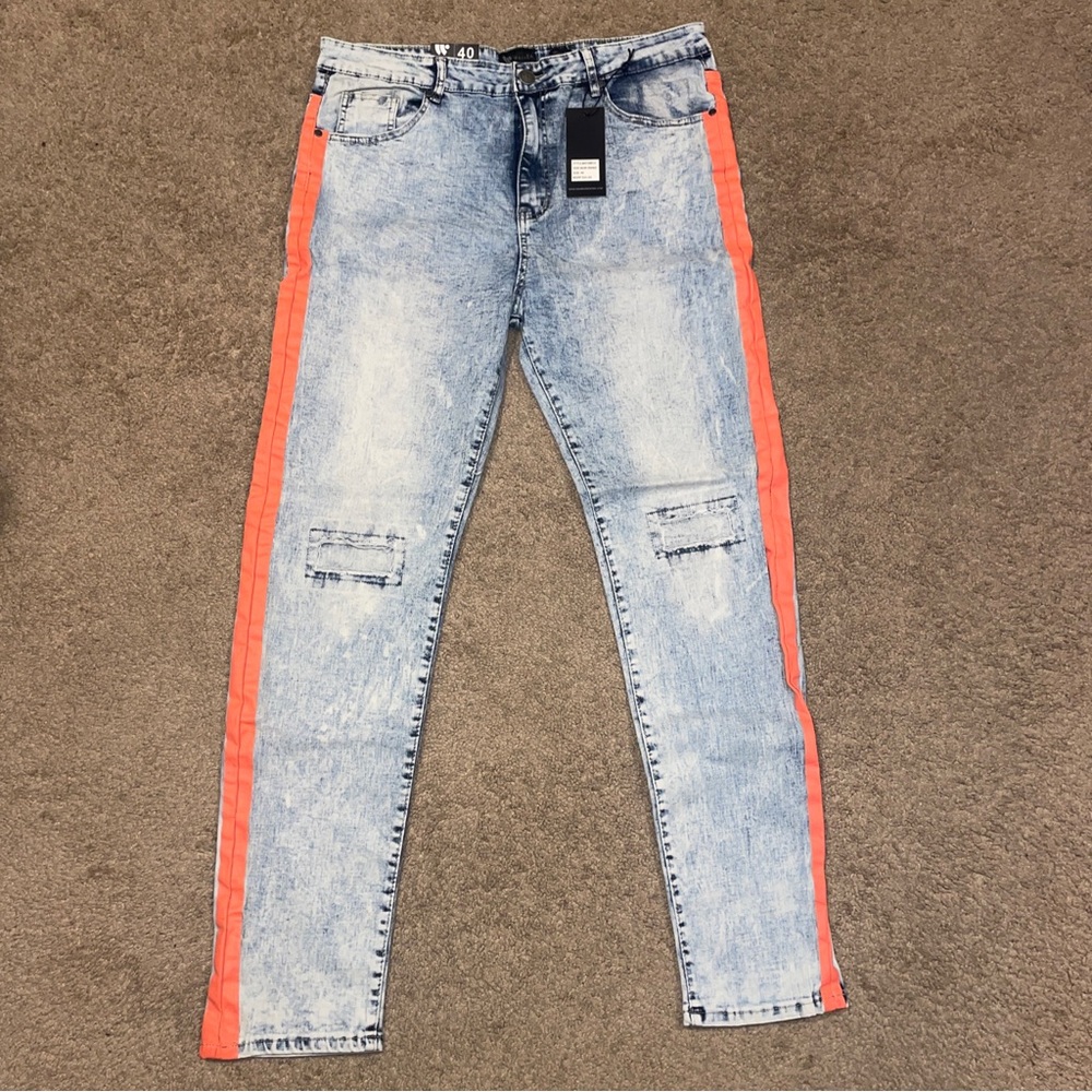 Waimea Jeans Skinny Fit Stonewashed W/ Orange Painted Side Stripe NWT Size 40